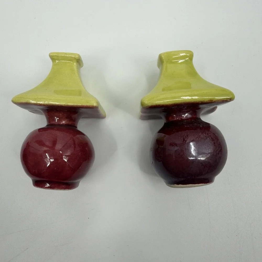 Mid Century Chartreuse/Burgundy's Ceramic Lamp Shaped Salt & Pepper Shakers